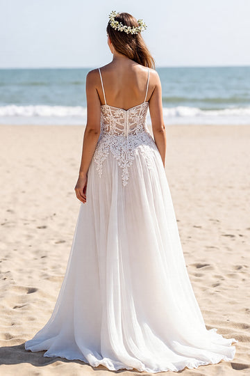 White A Line Chiffon Sweep Train Beach Wedding Dress with Lace